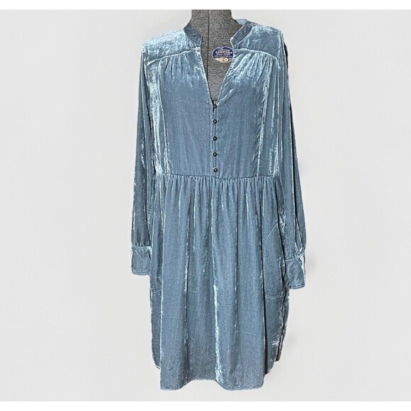 Anthropologie Holding Horses Velvet Button Front Dress Blue Long Sleeve NWT Med - Picture 1 of 9